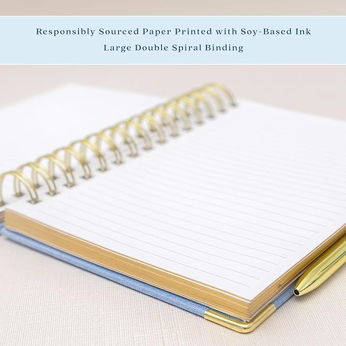 ELYN Lined Spiral Journal, Linen Hardcover Notebook with Matching Gold Gel Pen, 252 Pages, 8.2 in x 6.75 in - 100 GSM Premium Paper, Spiral Notebook for Home, Office, Notes & Gifts, (Pink)