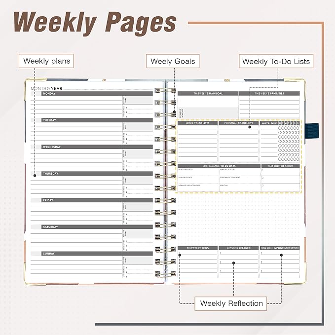 Ospelelf Undated Planner Daily Spiral Binding Weekly Monthly Hardcover Mini Planners with Stickers 12 Months Productivity Aesthetic Journey Booklet Size Brown