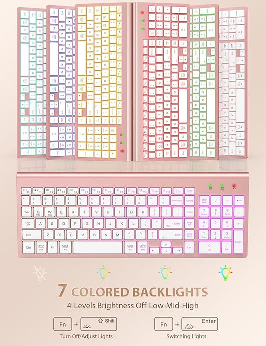 SABLUTE Wireless Keyboard and Mouse Combo Backlit - Compact Quiet Keyboard with RGB Mouse, Rechargeable, Slim, Sleep Mode, Portable Cordless Keyboard Mouse Set for Mac, Windows, Laptop, PC (Rose Gold)