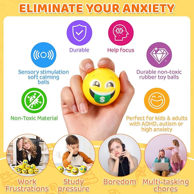 Libima 120 Pcs Face Stress Balls Bulk 2 Inch Foam Face Squeeze Balls Mini Yellow Funny Stress Relief Ball for Kids Adults Coworkers Relief Squeeze Finger Exercise School