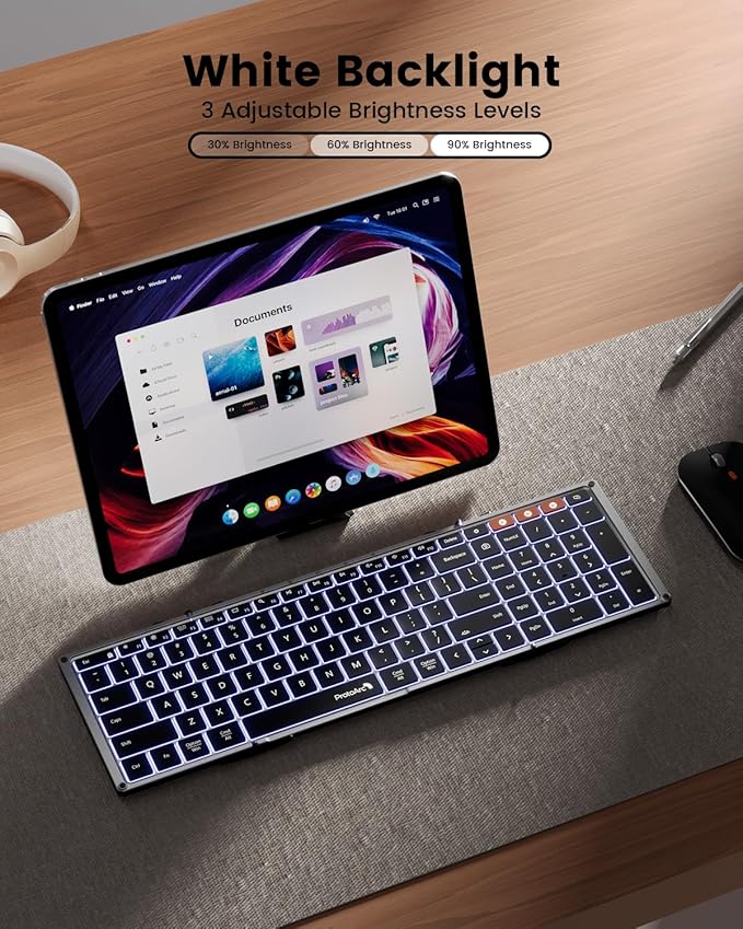 ProtoArc Backlit Foldable Keyboard, XK01 Plus Folding Portable Bluetooth Keyboard for Travel, True Full Size External Wireless Keyboards with Backlight for iPad Tablet Smartphone Laptop PC