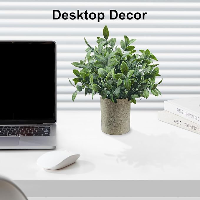 USLAI Small Potted Fake Plants(3-Pack), Mini Artificial Plastic Eucalyptus Faux Plants Topiaries for Home Office Shelf Desk Farmhouse Room Coffee Table Decor