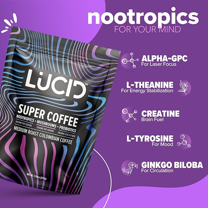 Lucid Superfood Organic Mushroom Coffee with Nootropics - Lion's Mane, Tremella, Cordyceps & Turkey Tail - Instant Mushroom Coffee Focus Brain Health - Alpha GPC, L-Theanine, Ginko Biloba - USA Made