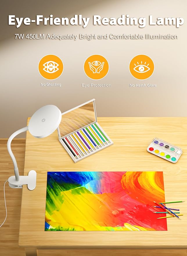 deeloop LED Clip on Light,100% Infinite Dimmable Reading Book Lights in Bed Headboard, 450LM Touch Control Desk Lamp with Clamp, Eye-Care 3 Color Temperature Flexible Gooseneck for Bedside Night Light