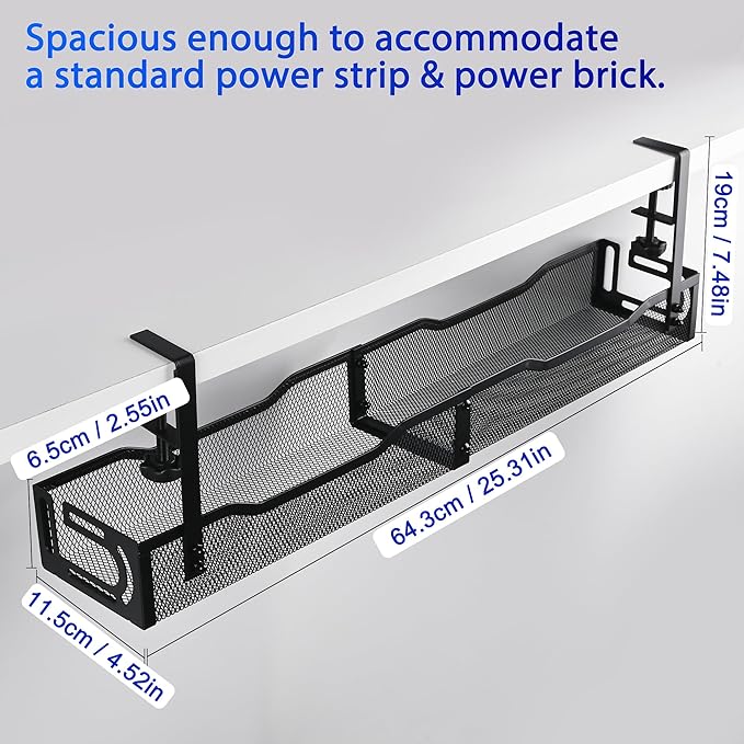 Clamp-On Under Desk Cable Management Tray – 25.3 Inch No Drill Metal Wire Organizer for Home Office & Standing Desk Setup (Black)