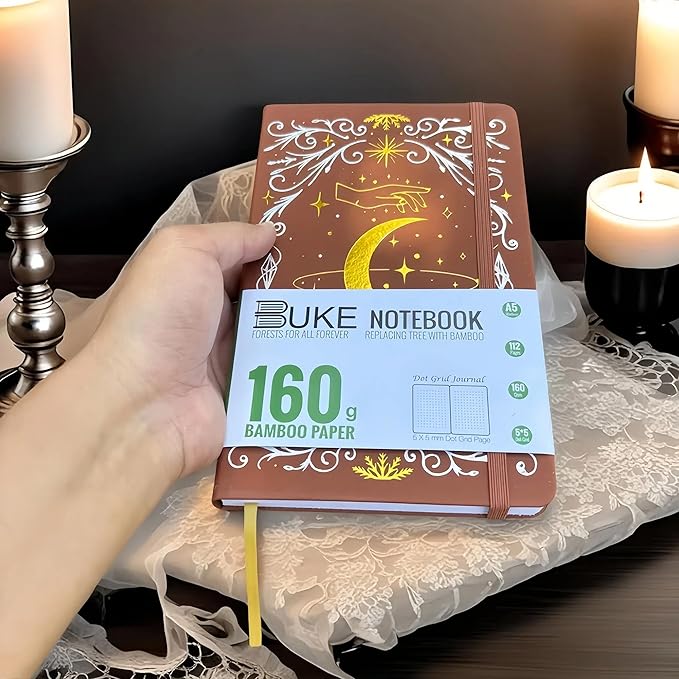 BUKE A5 Dotted Journal – 160gsm Ultra Bamboo Paper, Moon & Star Foil Cover, Flat Lay Notebook with Gift Box – 160 Pages, 5mm Dot Grid, Faux Leather Hardcover (Brown)