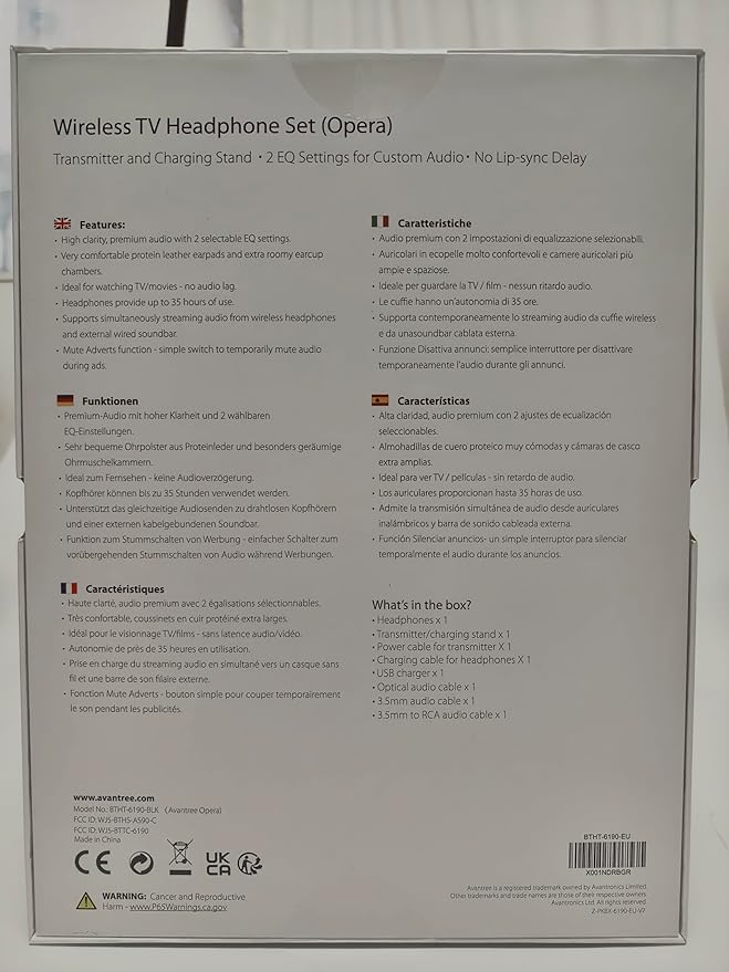 Avantree Opera - Wireless Headphones for TV Watching with Clear Dialogue, Compatible with TVs Equipped with Optical or AUX Audio Output Ports, Passthrough, Enhanced Volume & Comfortable for Seniors