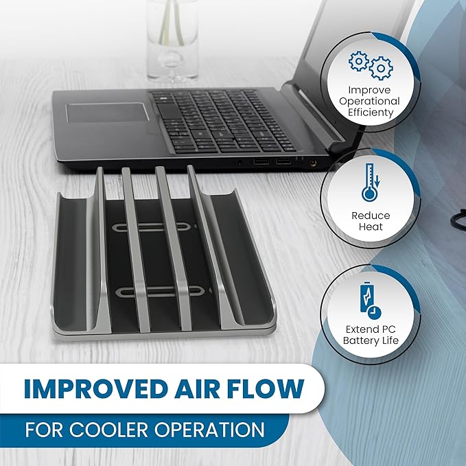 Multiple Laptop Holder Vertical – Adjustable Laptop Vertical Stand Holds 5 Devices, Fits All MacBooks Laptops Tablets and Mobiles (up to 17.3”). Closed Upright Vertical Laptop Stand for Desk