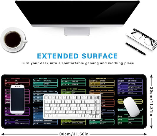 Excel Cheat Sheet Desk Pad, 31.5"x11.8", Waterproof Extra Large Excel Shortcut Mat with Stitched Edges, Anti-Slip Excel Mouse Pad for Office Desk, MS Excel/Word Shortcuts (Color Excel)