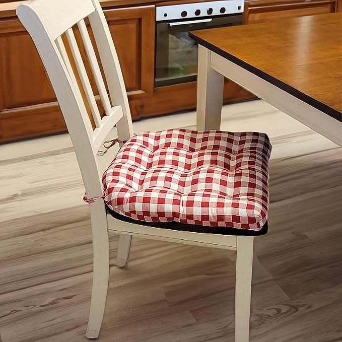 Barnett Home Decor Dining Chair Cushions with Ties – Size Small 15 x 17 - Latex Foam Fill, 100% Cotton, Machine Washable Chair Pads for Kitchen Chairs, Made in USA (Classic Check Red/Pack of 2)