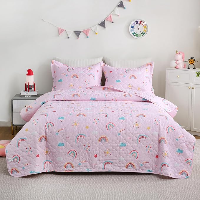 Pink Girls Rainbow Quilt Set Twin Size Kids Bedding Sets Lightweight Summer Bedspread Soft Microfiber Breathable Bed Comforter All-Season