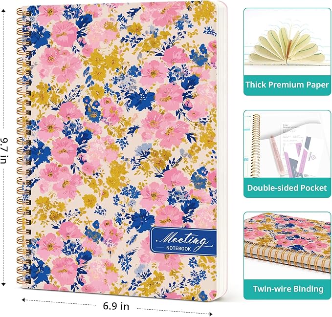 Meeting Notebook for Work Organization, Aesthetic Meeting Minutes Notebook for Work, Event Project Agenda Planner Organizer, Perfect for Office School Business Supplies, 6.9" X 9.7" - Pink Garden