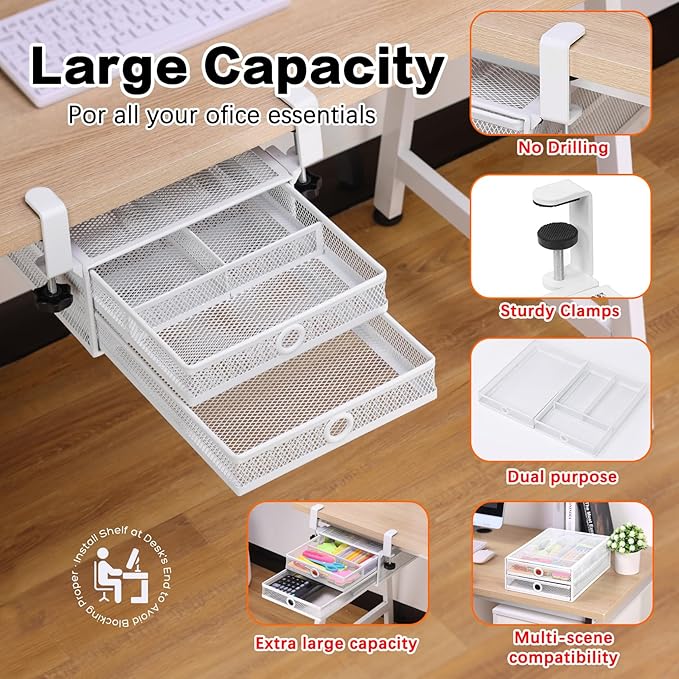 ROSLINE Under Desk & Desktop Drawer Organizer - 2-Tier Metal Slide Out Drawers Organizer, Storage for Home Office Desk (White)