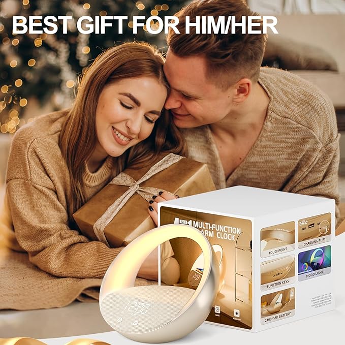 Bluetooth Alarm Clock, Sunrise Simulation Wake Up Night Light, 15W Fast Wireless Charging Alarm Clock for Bedroom, 10W Bluetooth Stereo Sound Speaker, USB Charger Port