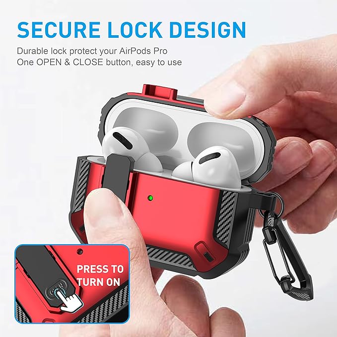 Maxjoy for AirPods Pro Case Cover with Lock, AirPods Pro 1st Generation Case for Men Military Rugged Protective Cover with Keychain Compatible with Apple AirPod Pros 2019 Front LED Visible, Red