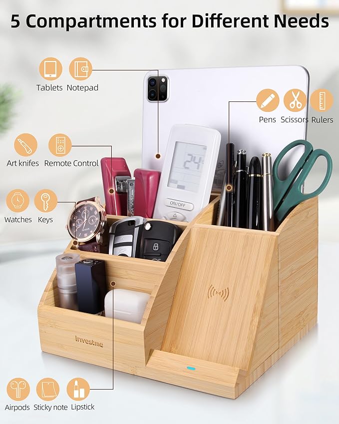 Bamboo Pen Holder with Wireless Charger, Desk Organizer with 5 Compartments for Home Office Supplies Compatible with iPhone & Samsung Series