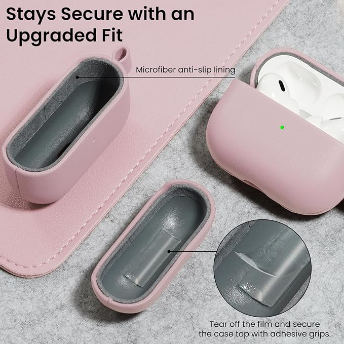 ORNARTO Compatible with AirPods Pro 2 Case, Full Protective Leather Cover with Carabiner, for Airpods Pro Case 2nd / 1st Generation (2022/2019), Front LED Visible,Wisp Pink