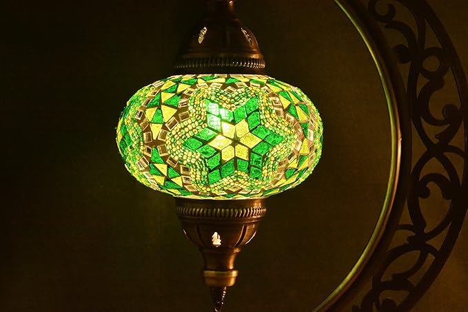 mozaist Turkish Mosaic Moon Shape Table Lamp, Moroccan Crescent Vintage Handmade Desk Light, Country Living Room, Kitchen Island Decorative Lighting, Authentic Bohemian Bedside Dim Nightstand (Green)