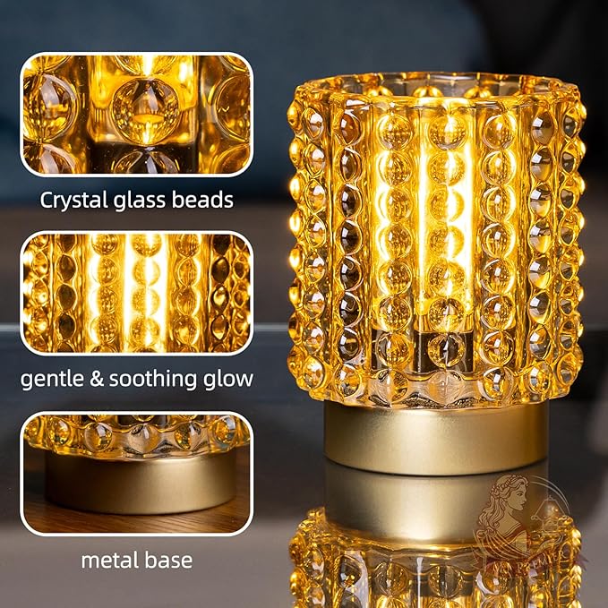 Battery Operated Lamp with Timer, Mini Crystal Table Lamps for Home Decor, Small Cordless Lamp for Areas No Outlets, Glass Battery Powered Lamps for Entryway, Bedroom, Bathroom, Shelf, Corner(Yellow)