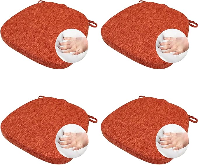 4 Pack Seat Cushion with Ties for Kitchen Chairs - Memory Foam Non Slip Dining Room Chair Pad with Machine Washable Cover [16.5 x 16.2 Inches] - (Orange,4)