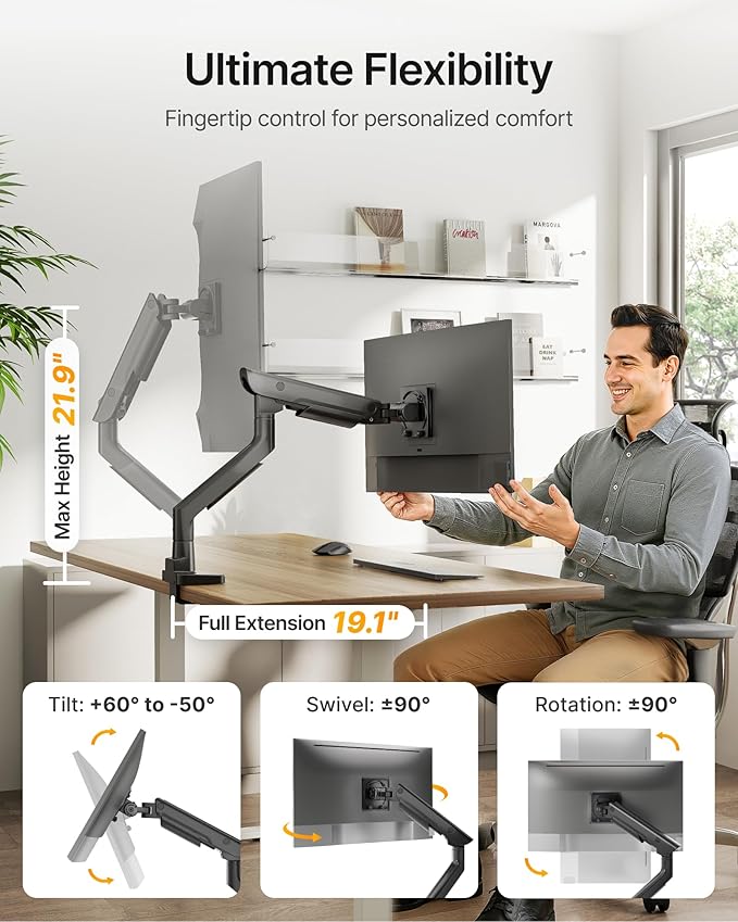 monTEK Sleek Aluminum Monitor Arm for 17–57” Ultrawide Screens up to 59 lbs, Heavy Duty Single Monitor Arm Desk Mount, Pneumatic Lift, Quick-Release Plate, Clamp/Grommet, Max VESA 100x100