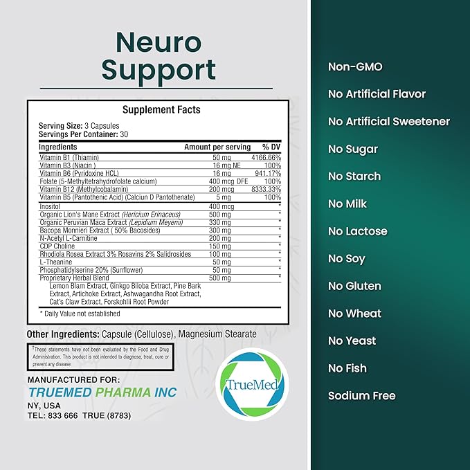 Neuro Support - Premium Nootropic Supplement for Focus, Energy, Mental Clarity, and Performance Organic Lion’s Mane, Bacopa Monnieri, Rhodiola, Non-GMO Gluten-Free CDP Choline 90 Veg Capsules