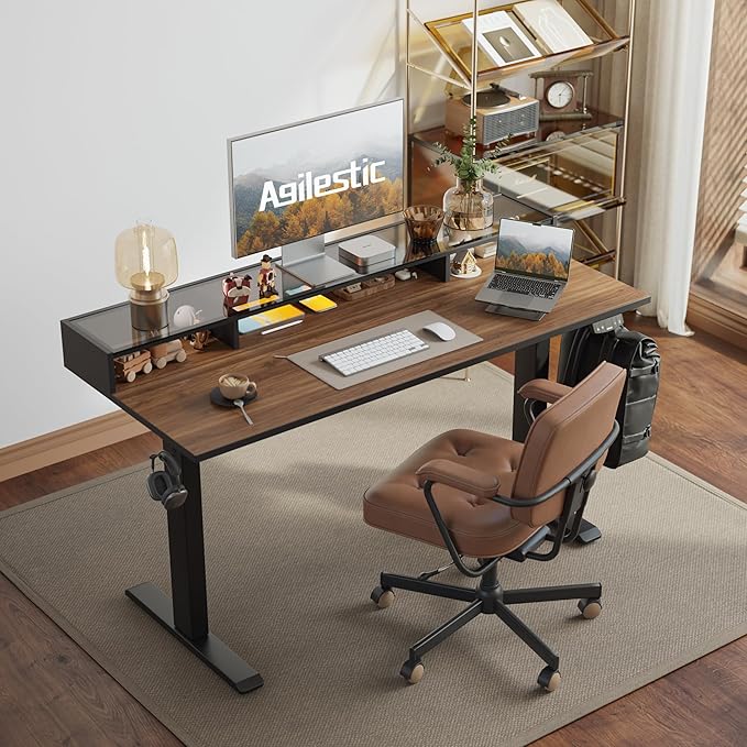 Agilestic Glass Standing Desk with Storage, 48 Inch Electric Adjustable Desk with Glass Shelf, Sit Stand Up Home Office Computer Table, Splice Board, Dark Walnut