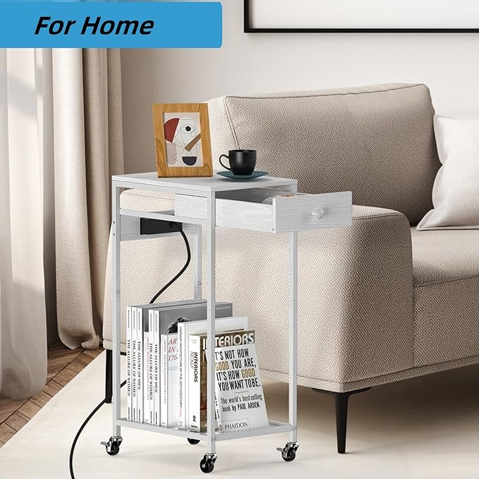 Computer Tower Stand, Adjustable PC Tower Stand CPU Holder Cart with Charge Station and USB Charging Port, 2 Tier Printer Stand with Wood Storage Drawer for Home Office Fax, White