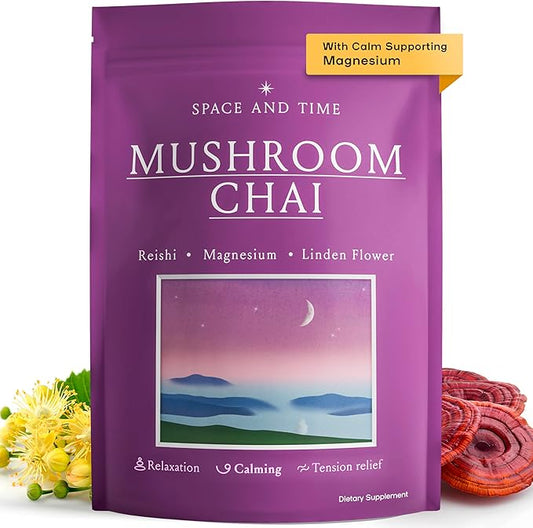 SPACE AND TIME Relax - Mushroom Chai Tea - 20 Cups of Calm & Relaxation - Mushroom Tea with Reishi, Magnesium & L-Theanine