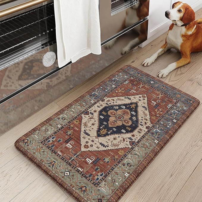 KIMODE Anti Fatigue Kitchen Mats for Floor,17.3" x 29" Vintage Red Cushioned Kitchen Rugs,Non-Slip Waterproof Kitchen Sink Standing Mat Wipe Clean for Kitchen Floor