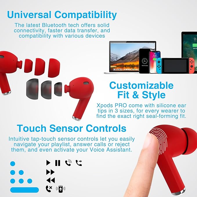 Naztech Xpods PRO Ear Buds - (Red) True Wireless Earbuds Noise Cancelling Earbuds Wireless Bluetooth Earphone for Gym Sound Cancelling in Ear Headphones Fitness Earphones Includes Charging Case