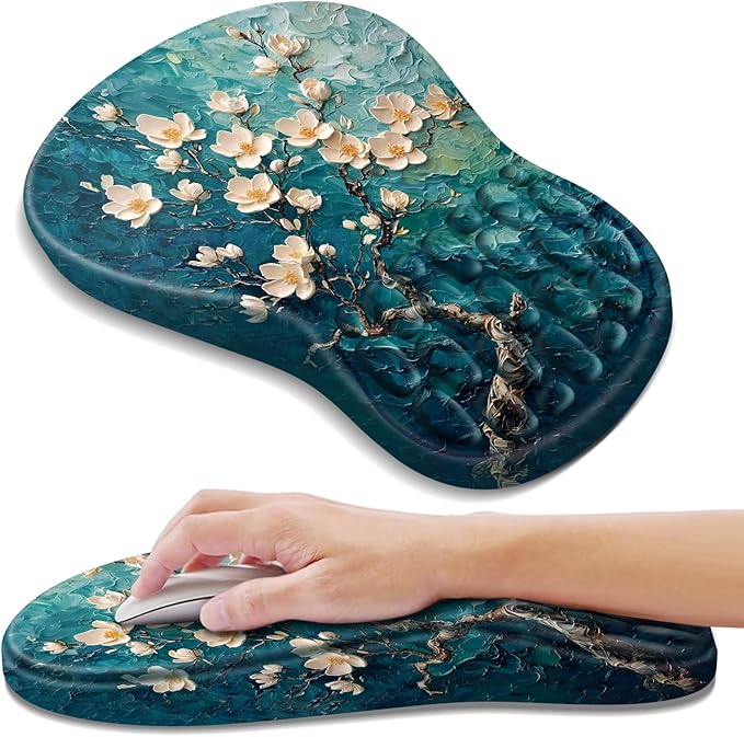 Ergonomic Mouse Pad with Wrist Rest Support, Mousepad with Comfortable Memory Foam Wrist Rest and Non-Slip PU Base for Pain Relief, Computer, Laptop, Office, Home (Plum Plossom)