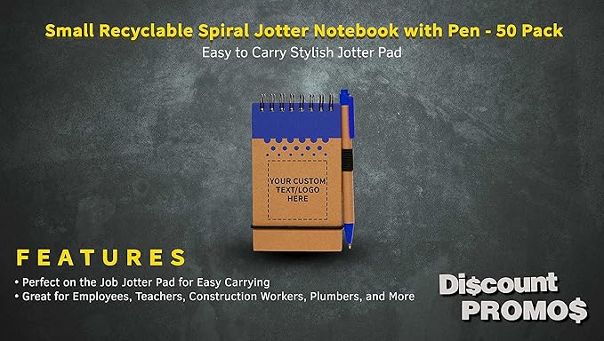 DISCOUNT PROMOS 50 Recyclable Spiral Small Notebooks Pack - Customizable Text, Logo - 60 Lined Pages - Blue