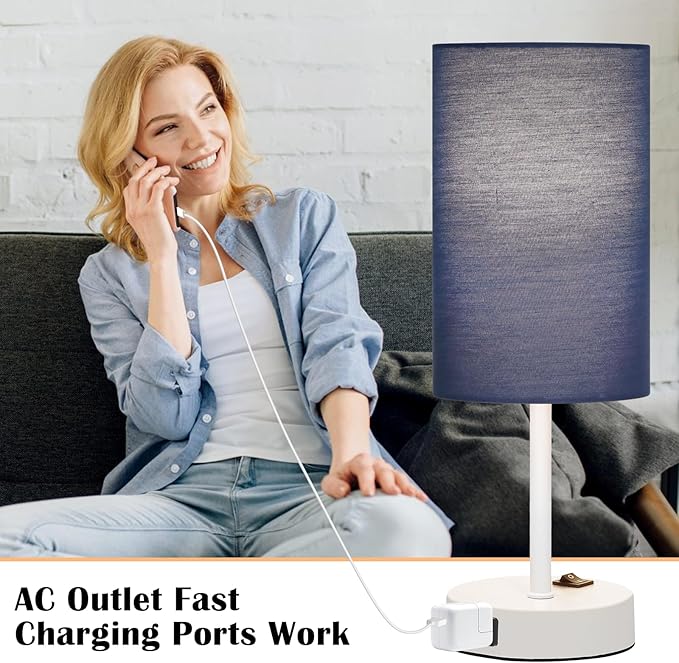 ZJOJO Table Lamp for Bedroom Set of 2, Bedside Small Lamps with 3 Way Dimmable Rocker Switch and AC Outlet, Nightstand Desk Lamp with Blue Fabric Shade White Base for Living Room Home Decor Lights