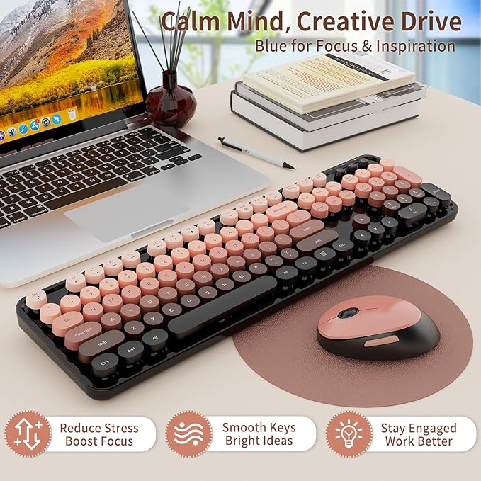 Wireless Keyboard and Mouse Combo, Full-Size Retro Typewriter Keyboard with Round Keycaps, Ergonomic Design for Windows PC, Home and Office Use -Red