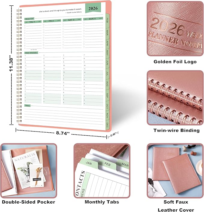 2026 Planner - 11.38'' x 8.74'', Weekly & Monthly Planner Notepad 2026, JAN. 2026 - DEC. 2026, Appointment Book, 60 Minutes Interval, Monthly Tabs, Faux Soft Leather, Spiral Bound - Rose Golden