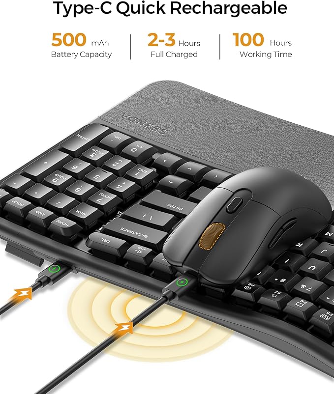 seenda Wireless Ergonomic Keyboard and Mouse, COE310 USB+Type-C+Bluetooth Multi-Device Rechargeable, Wave Keyborad, Quiet Light Mouse Compatible for Windows/macOS/PC/Laptop/MacBook/iPad - Black