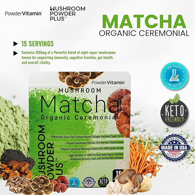 Organic Mushroom Matcha Powder Certified Pesticide-Free Grass-Fed Collagen Types I & III, 8 Fruiting Body Mushrooms Tested for Beta-Glucans Focus Digestion & Immunity 15 Servings