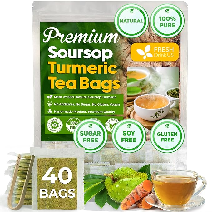 FreshDrinkUS, Premium 40 Soursop Turmeric Tea Bags, 100% Natural, Blend of Soursop Leaves, and Turmeric Root. Made with Natural Material Tea Bags. No Sugar, Vegan.