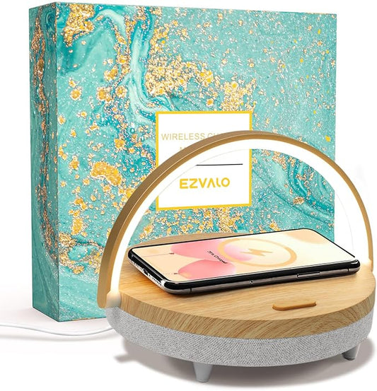 EZVALO Birthday Gifts for Women, Music Table Lamp with Wireless Charger, 4 in 1 Touch Bedside Lamp, Bluetooth Speaker, Phone Holder, Dimmable LED Night Lights Birthday Gifts for Women, Men, Dad, Mom