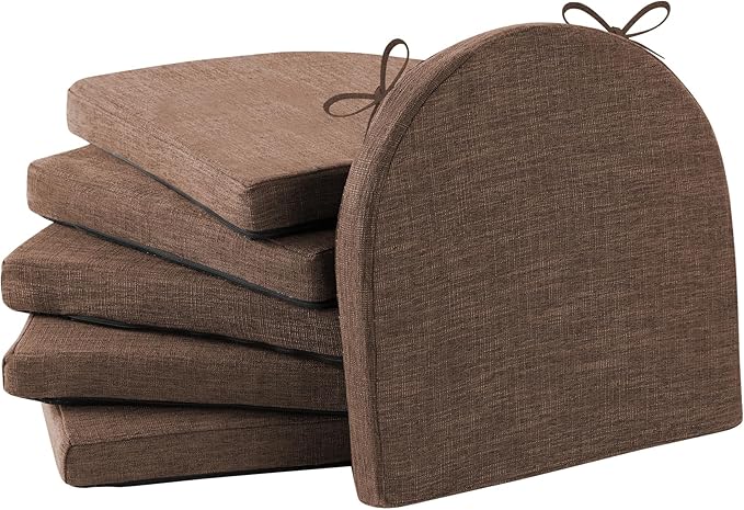 Chair Cushions for Dining Chairs with Ties and Removable Cover, Dining Kitchen Chair Pads with Non-Slip Bottom, High-Resilience Indoor Seat Cushions, 16'' x 16'' x 2'', Set of 6, Brown