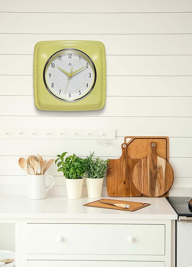 Infinity Instruments Retro Wall Clock – 9-Inch Square, Silent & Non-Ticking – Mid-Century Modern Vintage Design – Decorative Wall Clock for Kitchen, Office, or Diner – Yellow