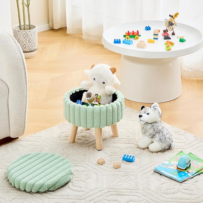 Wimarsbon Storage Ottoman,Soft Faux Fur Footstool with Padded Seat, Small Reading Vanity Chair, Footrest with Wood Tray for Couch, Mini Coffee Table or Display Stand (Light Green, Round Storage)