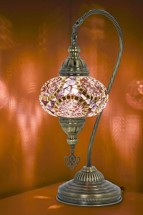 mozaist Tiffany Style Mosaic Table Lamp, Turkish Moroccan Authentic Desk Light for Rustic Living Room Decor, Handmade Vintage Antique Mosaic Decorative Light with E12 Socket & US Plug (Purple)