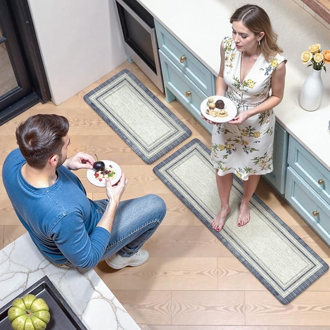 KIMODE Anti Fatigue Kitchen Mat 2PCS,Non-Skid Waterproof Kitchen Rugs,Farmhouse Kitchen Mat for Floor,Cushioned Comfort Foam Standing Mat for Floor,Office,Sink,Desk,Laundry,Blue and Gray