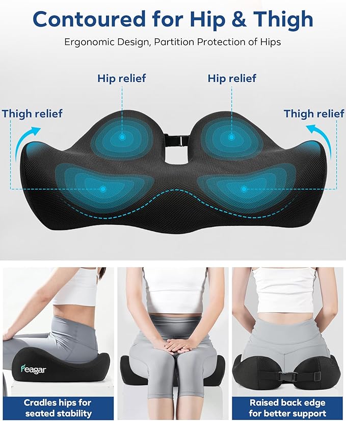 Feagar Sciatica & Tailbone Pain Relief Seat Cushion - Extra Thick Memory Foam Office Chair Cushion with Non-Slip Bottom, Coccyx Cushion for Desk Chair, Wheelchair, Truck Drivers