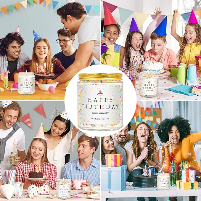Happy Birthday Candles Set, 4 Pack Birthday Candle Gifts for Women, Unique Best Friend Birthday Gifts Ideas for Her and Him, Natural Soy Candle Scent of Vanilla Coconut/Lavender/Eucalyptus Mint - 7oz