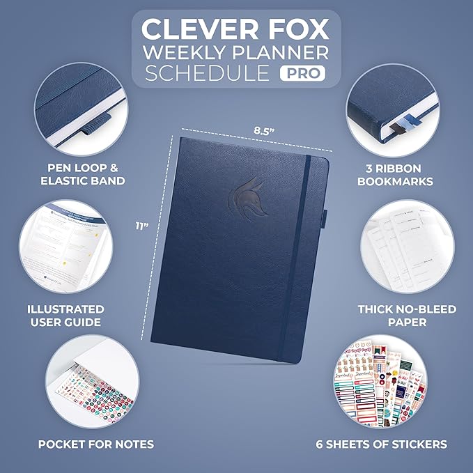 Clever Fox Planner PRO Schedule – Undated Weekly & Monthly Life Planner with Time Slots, Appointment Book & Daily Organizer, A4 (Dark Blue)