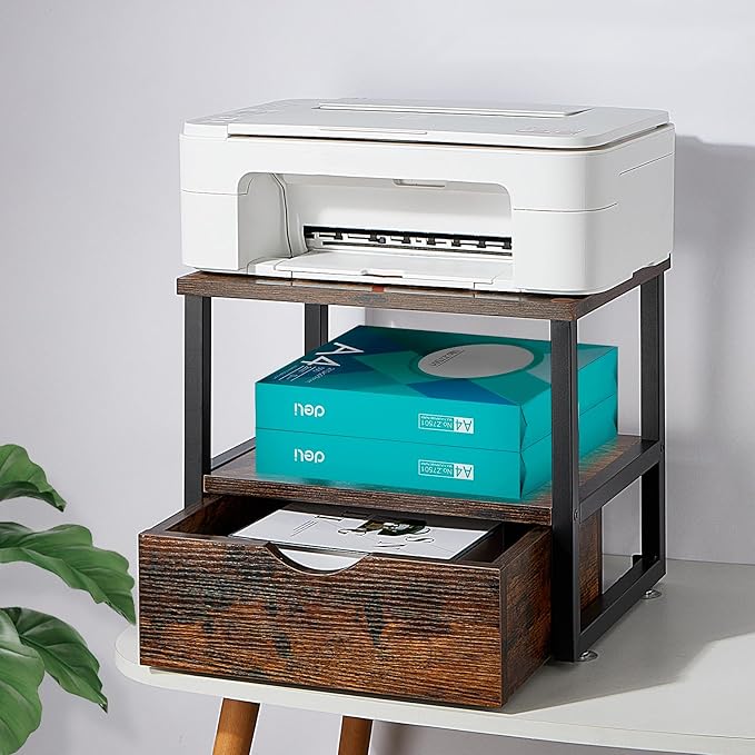 2 Tier Desktop Printer Stand,Printer Stand with Drawers,Printer Shelf for Top of Desk ，Multi-Purpose Desk Organizer for Home Office, Fit Fax Machine, Scanner,Rustic Brown