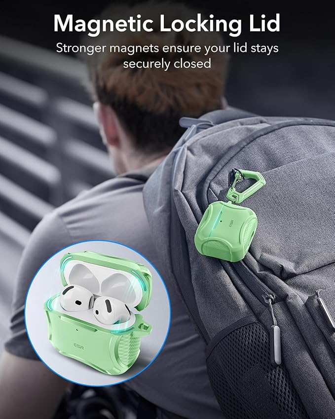 ESR for AirPods 4 Case, Compatible with AirPods 4th Generation Case (2024), Compatible with MagSafe, Powerful Drop Protection, Magnetic Lid, Cyber Series, Light Green